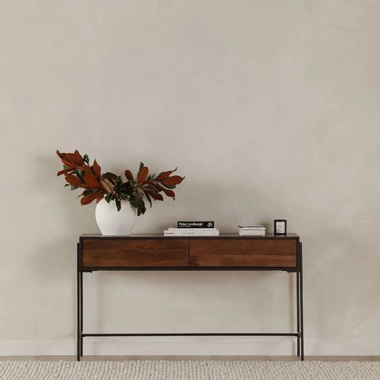 Tobin Console Table by Moe's Home Collection in light brown. Made from solid mango wood, iron base, mdf (carb) in a modern style.