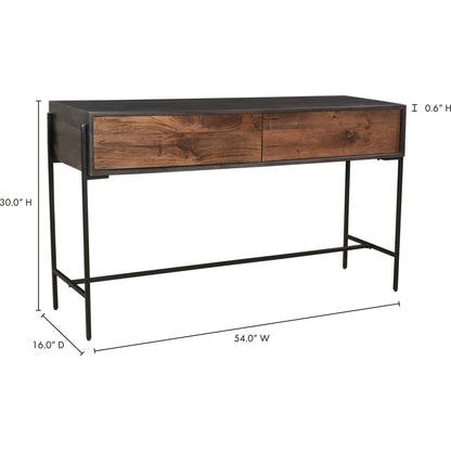 Tobin Console Table by Moe's Home Collection in light brown. Made from solid mango wood, iron base, mdf (carb) in a modern style.
