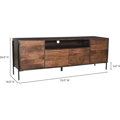 Tobin Entertainment Unit by Moe's Home Collection in light brown. Made from solid mango, iron base, mdf in a modern style.