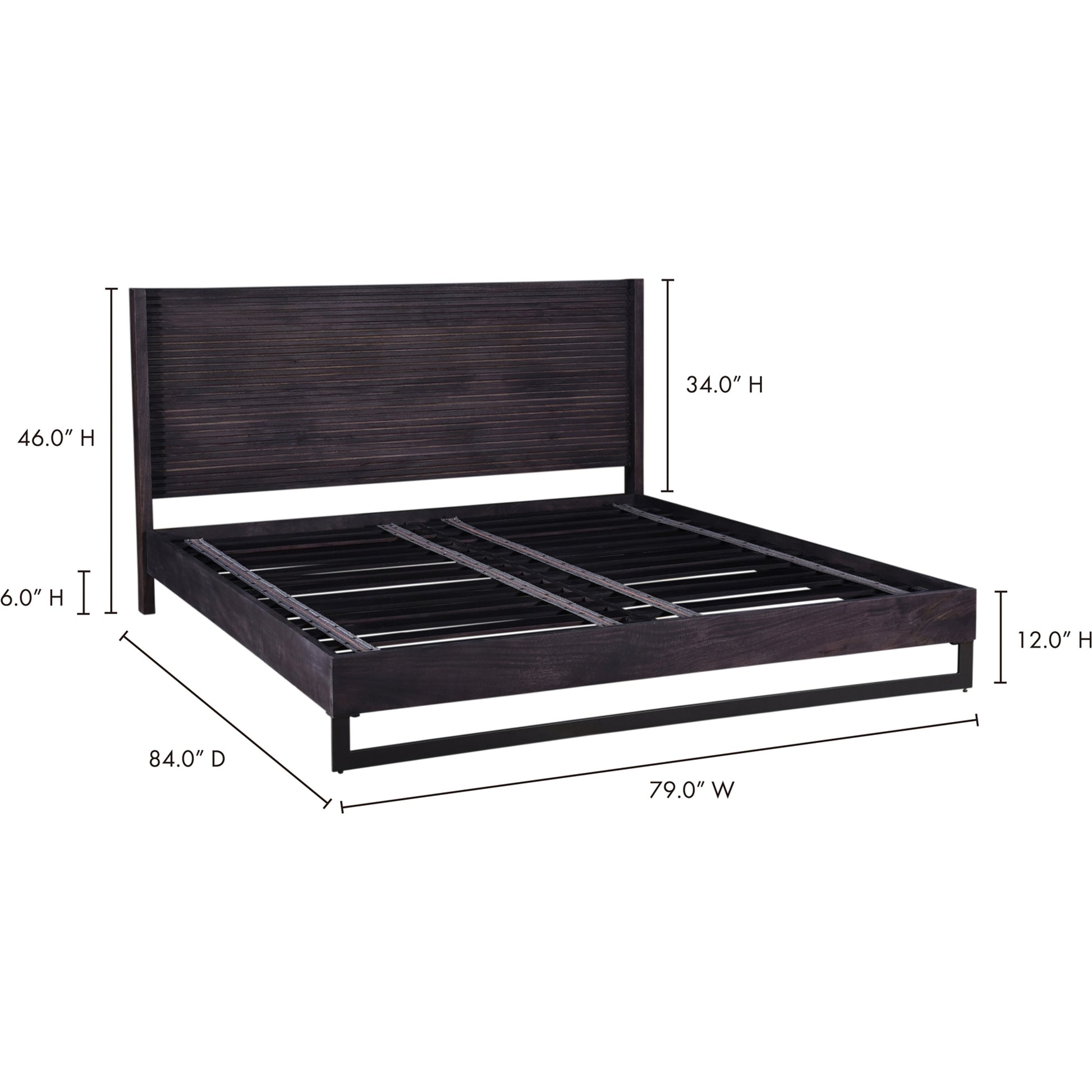 Paloma Bed by Moe's Home Collection in charcoal grey. Made from solid mango, steel legs, wood slats in a modern style.