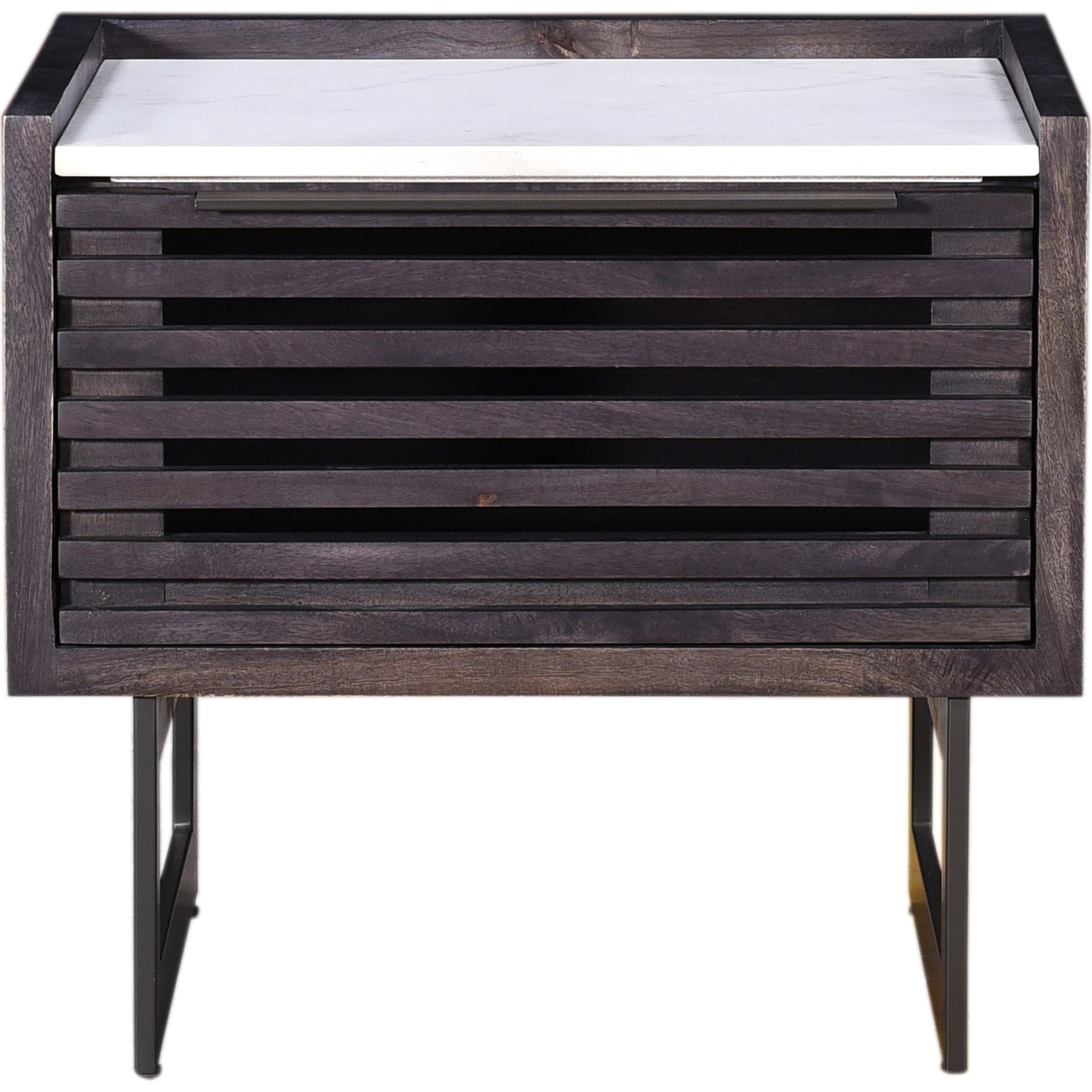 Paloma Nightstand by Moe's Home Collection in charcoal grey. Made from solid mango, white marble top, steel legs, mdf in a modern style.