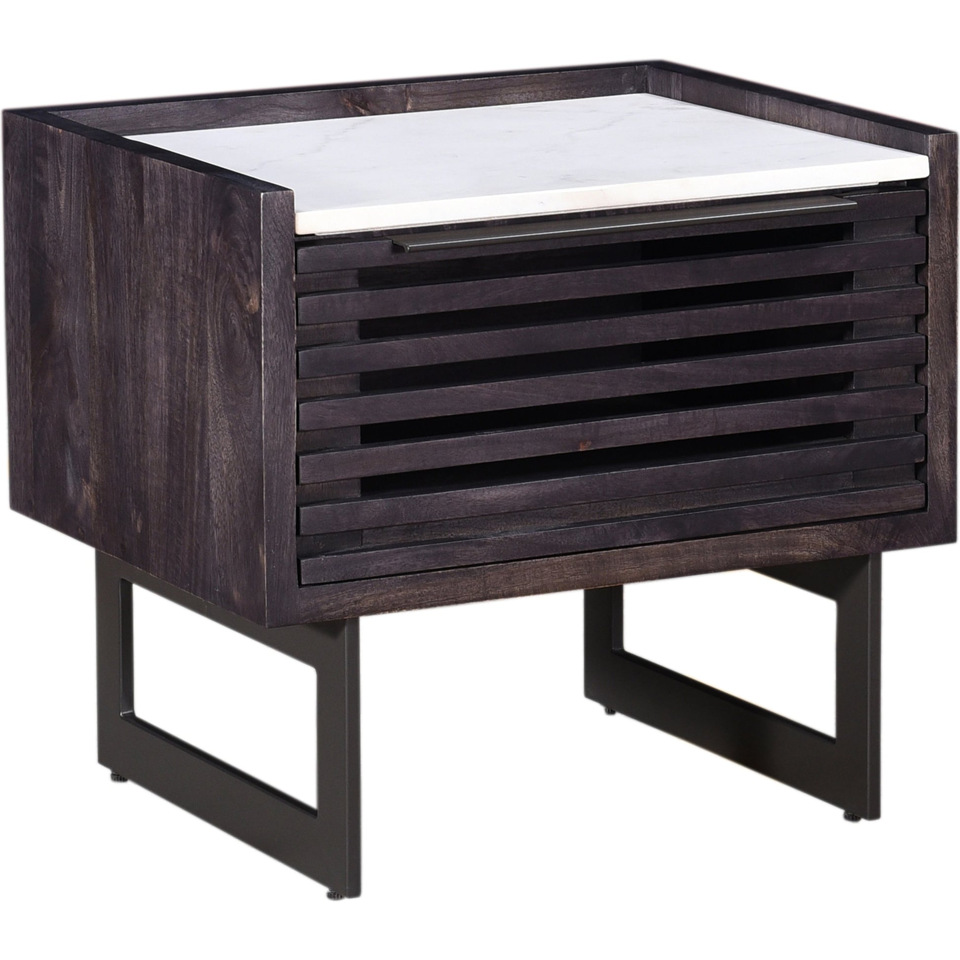 Paloma Nightstand by Moe's Home Collection in charcoal grey. Made from solid mango, white marble top, steel legs, mdf in a modern style.