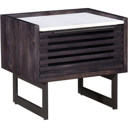 Paloma Nightstand by Moe's Home Collection in charcoal grey. Made from solid mango, white marble top, steel legs, mdf in a modern style.