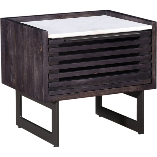001 None | Unknown | Paloma Nightstand by Moe's Home Collection in charcoal grey. Made from solid mango, white marble top, steel legs, mdf in a modern style.