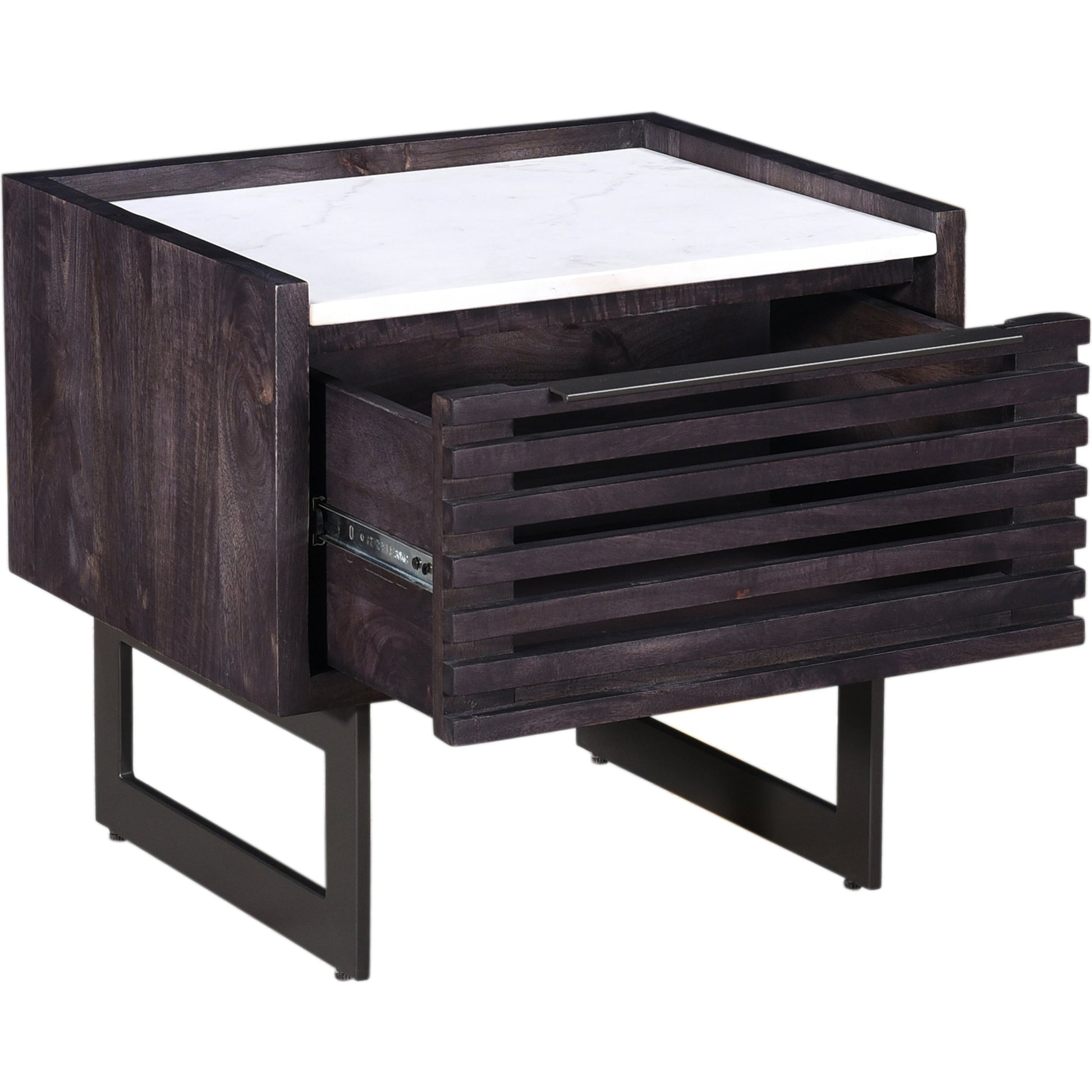 Paloma Nightstand by Moe's Home Collection in charcoal grey. Made from solid mango, white marble top, steel legs, mdf in a modern style.