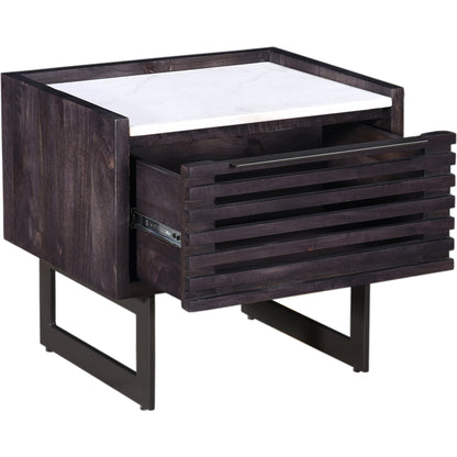 Paloma Nightstand by Moe's Home Collection in charcoal grey. Made from solid mango, white marble top, steel legs, mdf in a modern style.