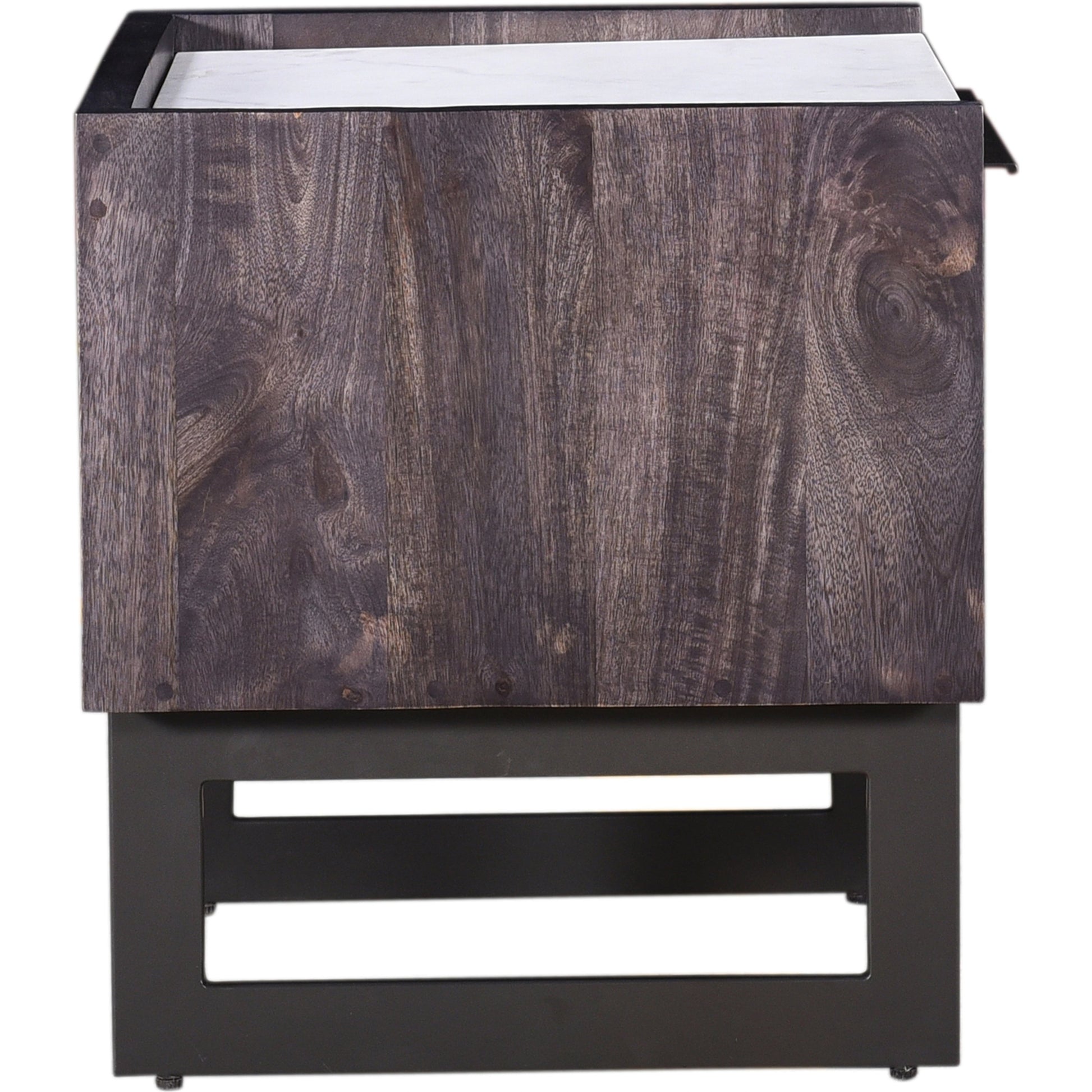 Paloma Nightstand by Moe's Home Collection in charcoal grey. Made from solid mango, white marble top, steel legs, mdf in a modern style.