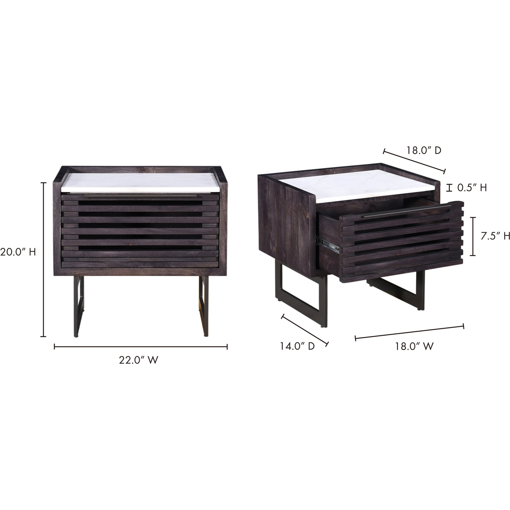 Paloma Nightstand by Moe's Home Collection in charcoal grey. Made from solid mango, white marble top, steel legs, mdf in a modern style.