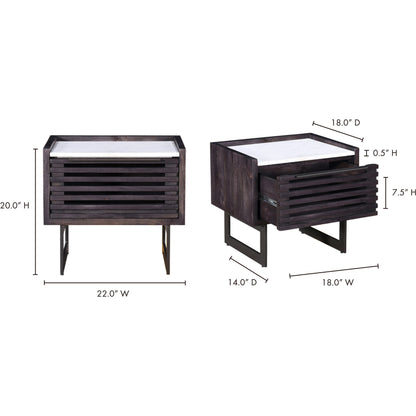Paloma Nightstand by Moe's Home Collection in charcoal grey. Made from solid mango, white marble top, steel legs, mdf in a modern style.