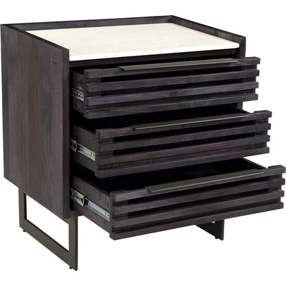 Paloma 3 Drawer Chest by Moe's Home Collection in charcoal grey. Made from solid mango wood, white banswara marble top, steel legs in a modern style.