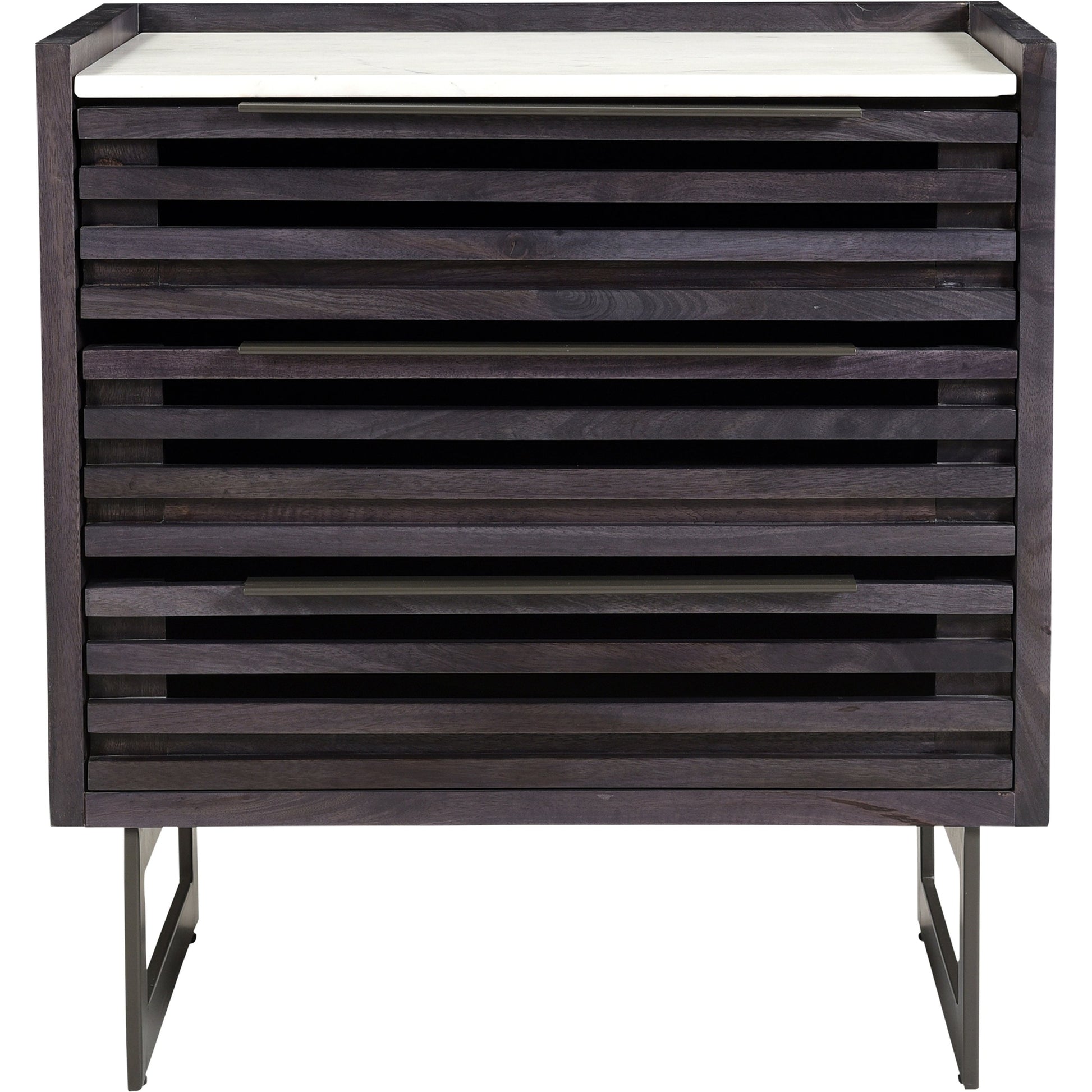 Paloma 3 Drawer Chest by Moe's Home Collection in charcoal grey. Made from solid mango wood, white banswara marble top, steel legs in a modern style.