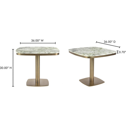 Celeste Cafe Table by Moe's Home Collection in natural, antique brass. Made from marble top, antiqued, brass iron base, mdf underneath marble for top support in a modern style.