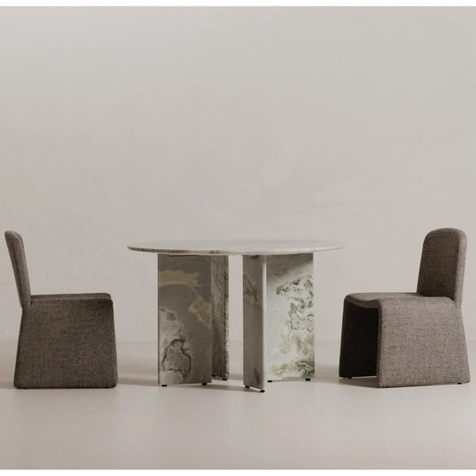 Celia Round Dining Table by Moe's Home Collection in green onyx marble. Made from green onyx marble, mdf support underneath tabletop, iron leg assembly plates in a unique style.