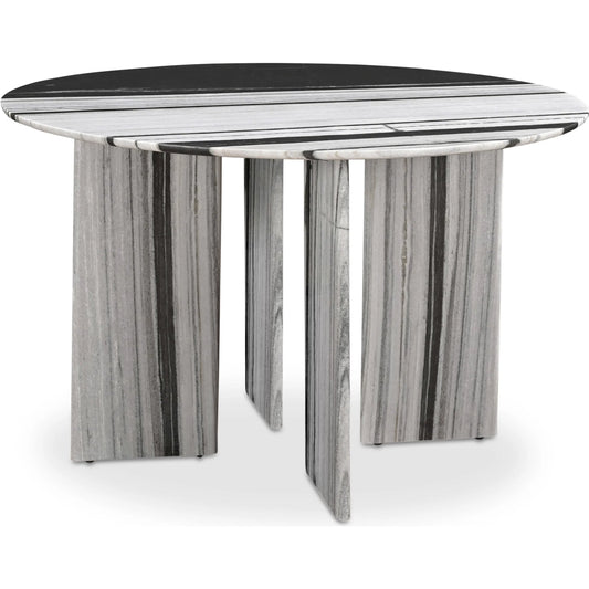 Celia Round Dining Table by Moe's Home Collection. Made from panda white marble, mdf support underneath tabletop, iron leg assembly plates in a unique style.