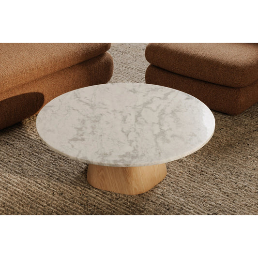 Evelyn Coffee Table by Moe's Home Collection in natural. Made from raj grey marble top, oak veneer over plywood, mdf, mix wood for base structure in a unique style.