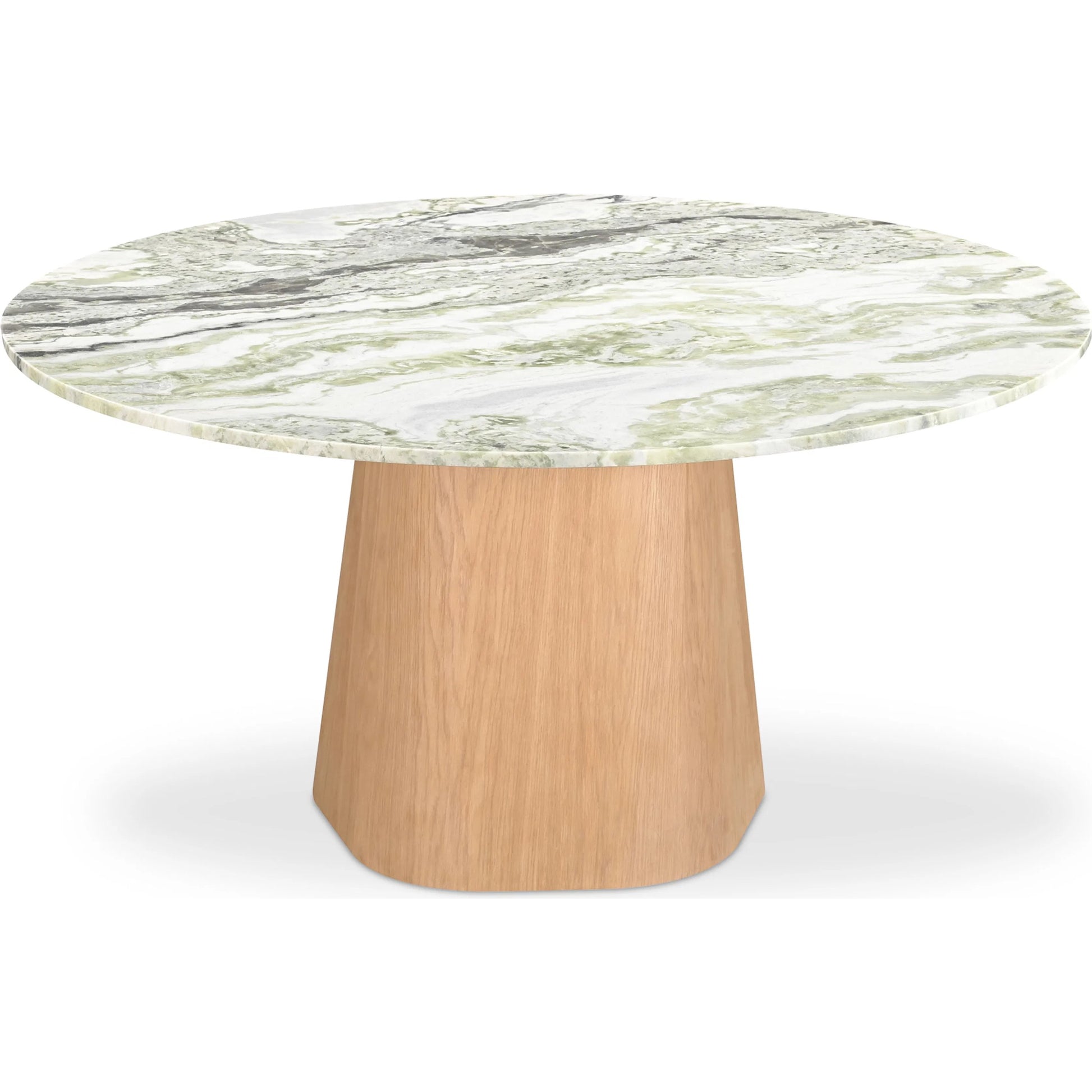 Evelyn Dining Table by Moe's Home Collection in green onyx marble. Made from green onyx marble top, oak veneer over plywood, mdf, mix wood for base structure in a transitional style.