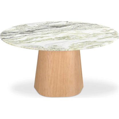Evelyn Dining Table by Moe's Home Collection in green onyx marble. Made from green onyx marble top, oak veneer over plywood, mdf, mix wood for base structure in a transitional style.