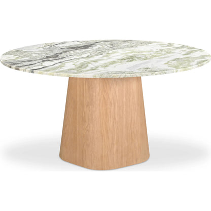 Evelyn Dining Table by Moe's Home Collection in green onyx marble. Made from green onyx marble top, oak veneer over plywood, mdf, mix wood for base structure in a transitional style.