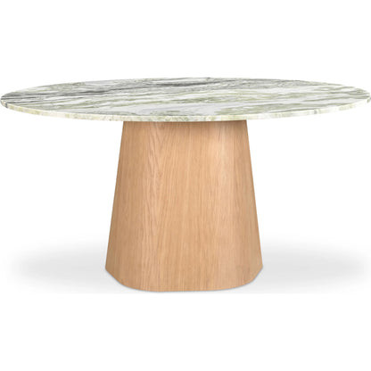 Evelyn Dining Table by Moe's Home Collection in green onyx marble. Made from green onyx marble top, oak veneer over plywood, mdf, mix wood for base structure in a transitional style.