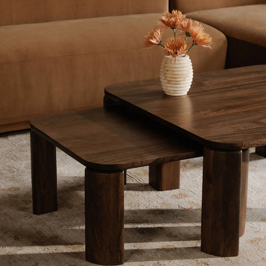 Bailey Nesting Table by Moe's Home Collection in deep brown. Made from mango wood in a unique style.