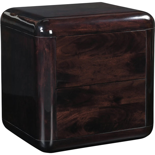 Rory Nightstand by Moe's Home Collection in dark brown. Made from acacia wood, acacia veneer pasted over mdf in a unique style.