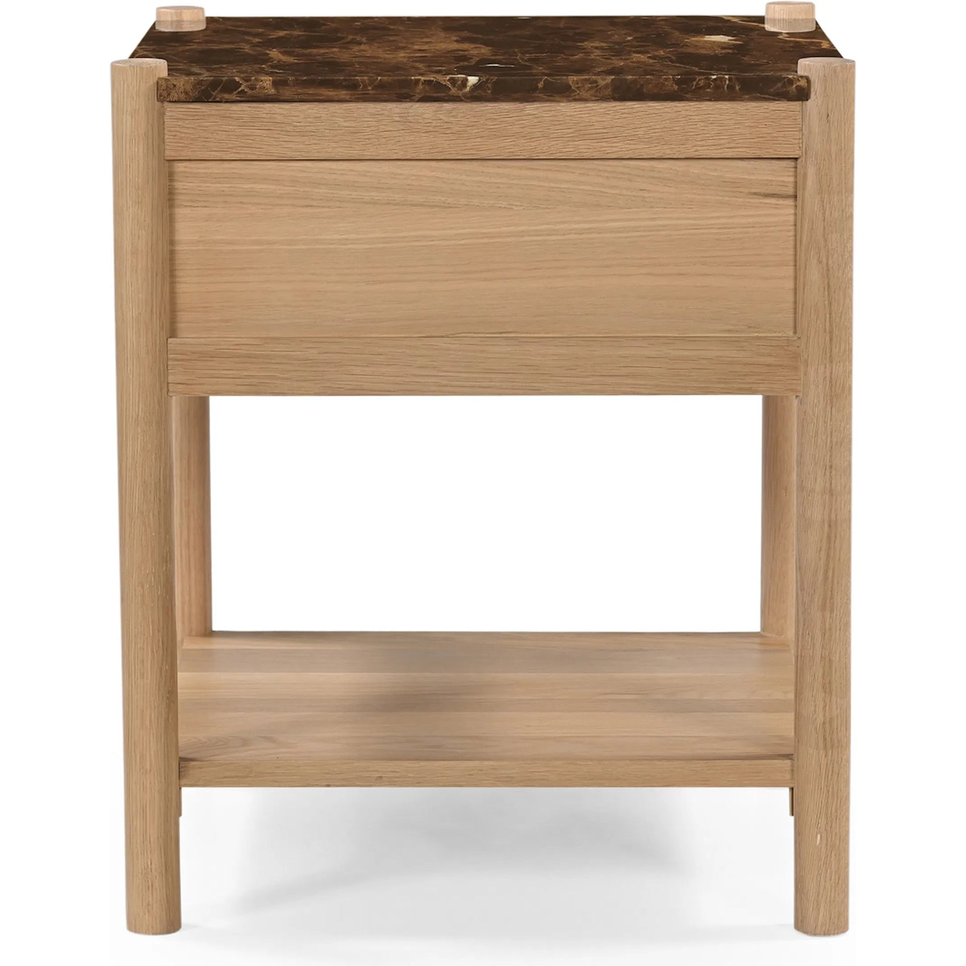 Elio Nightstand by Moe's Home Collection in dark emperador marble. Made from dark emperador marble, oak shelf, carcass body sides, drawer front, oak veneer over drawer bottom, drawer side, drawer back in a transitional st