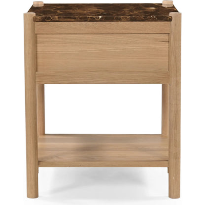 Elio Nightstand by Moe's Home Collection in dark emperador marble. Made from dark emperador marble, oak shelf, carcass body sides, drawer front, oak veneer over drawer bottom, drawer side, drawer back in a transitional st