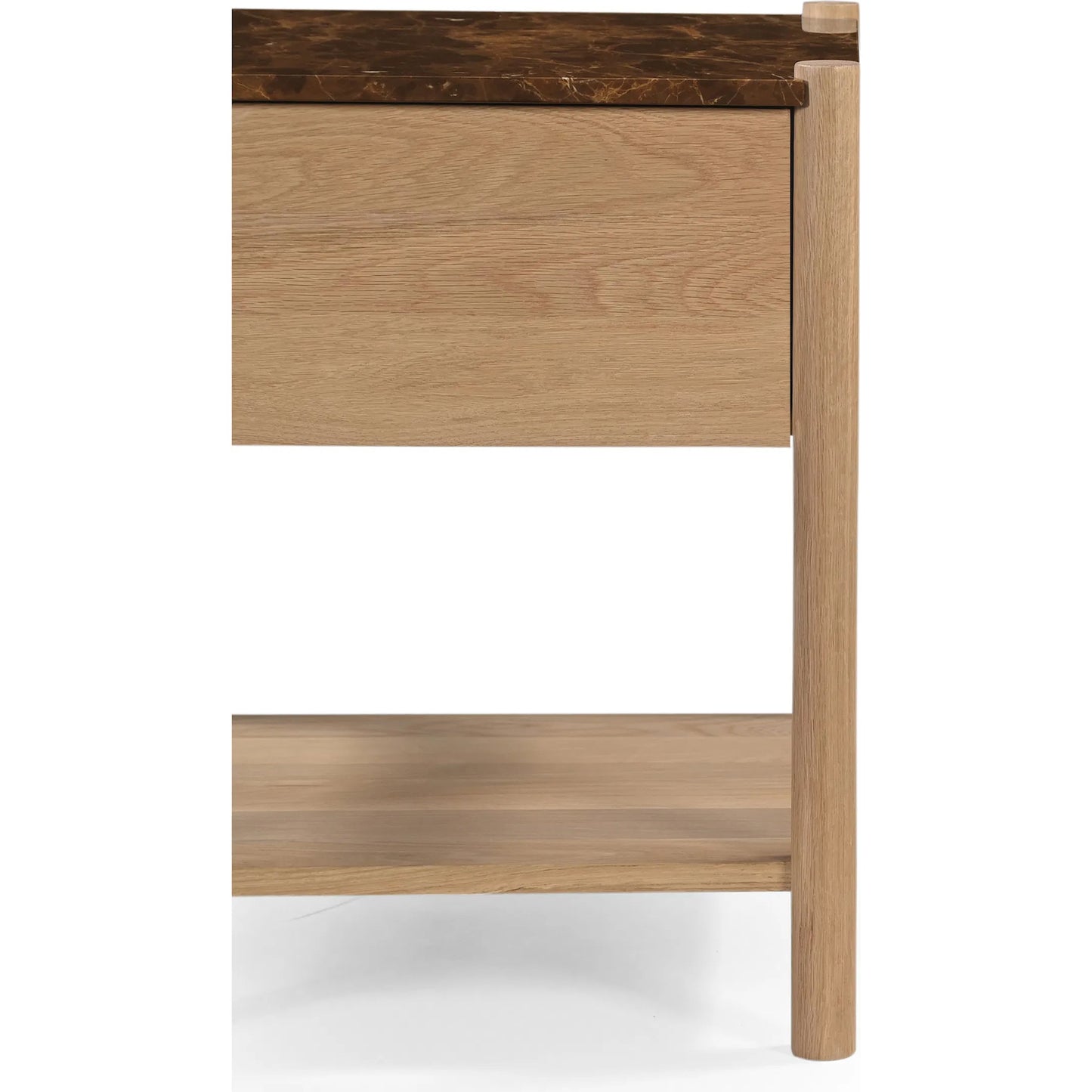 006 SI-2441366 | Closeup | Elio Nightstand by Moe's Home Collection in dark emperador marble. Made from dark emperador marble, oak shelf, carcass body sides, drawer front, oak veneer over drawer bottom, drawer side, drawer back in a transitional style.