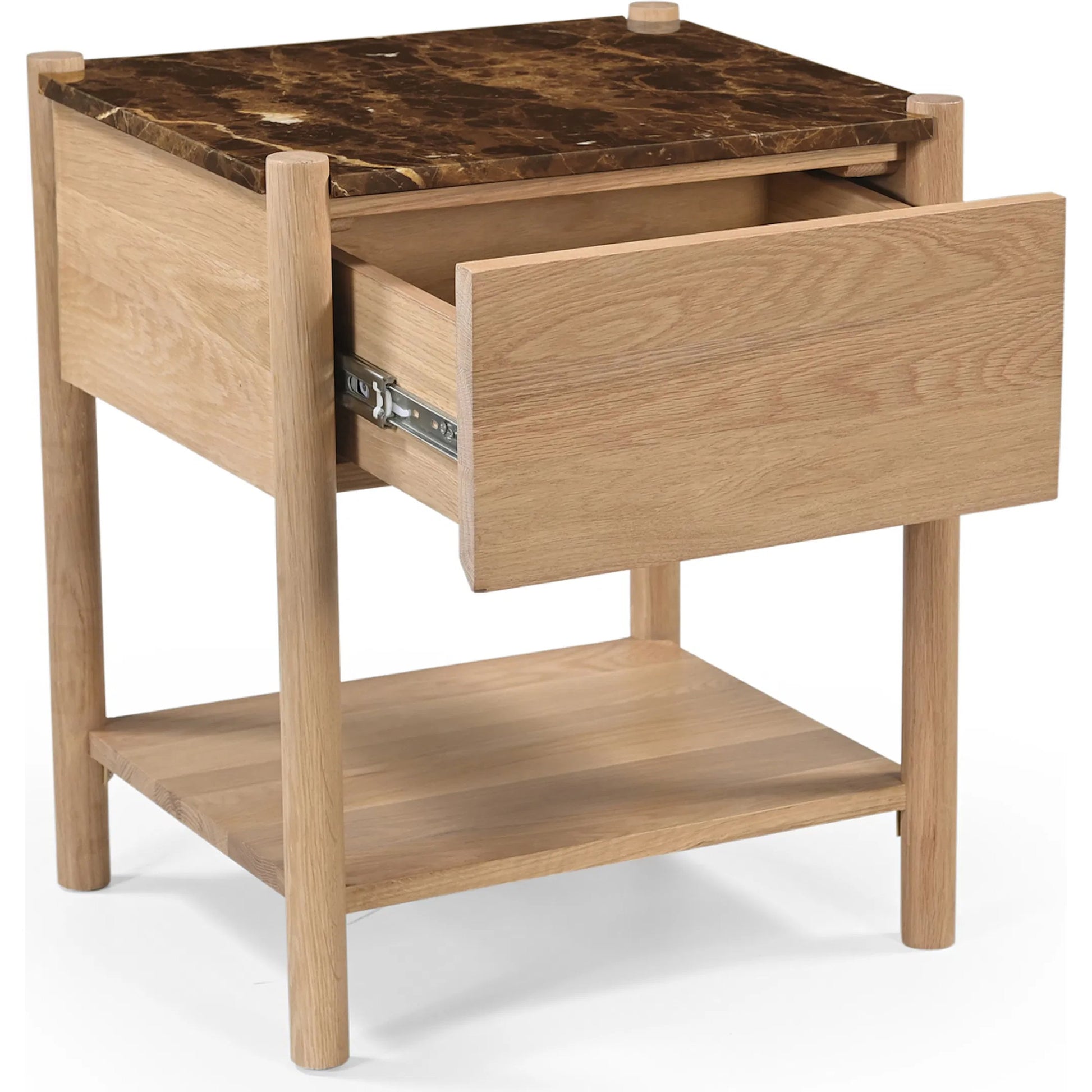 Elio Nightstand by Moe's Home Collection in dark emperador marble. Made from dark emperador marble, oak shelf, carcass body sides, drawer front, oak veneer over drawer bottom, drawer side, drawer back in a transitional st
