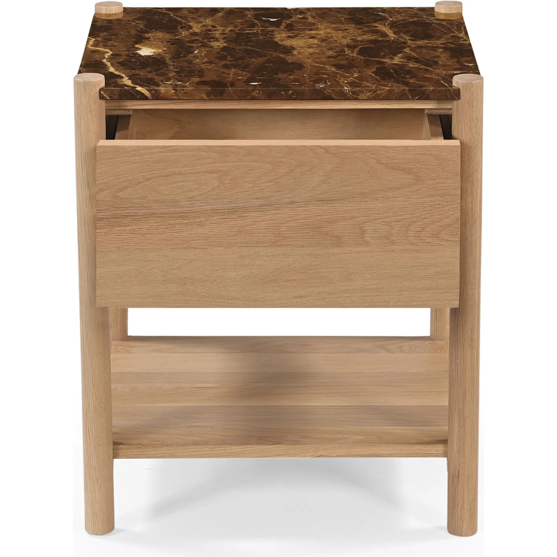 Elio Nightstand by Moe's Home Collection in dark emperador marble. Made from dark emperador marble, oak shelf, carcass body sides, drawer front, oak veneer over drawer bottom, drawer side, drawer back in a transitional st