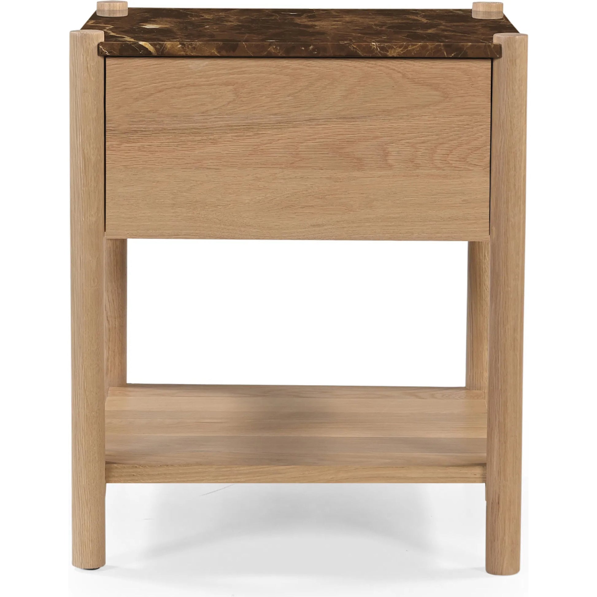 Elio Nightstand by Moe's Home Collection in dark emperador marble. Made from dark emperador marble, oak shelf, carcass body sides, drawer front, oak veneer over drawer bottom, drawer side, drawer back in a transitional style