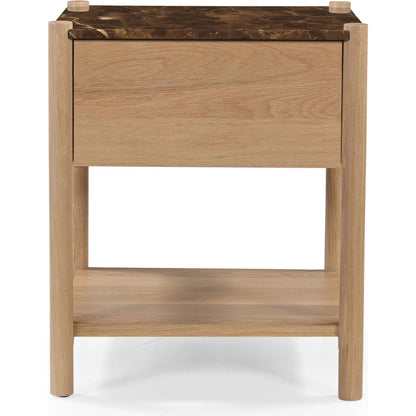 Elio Nightstand by Moe's Home Collection in dark emperador marble. Made from dark emperador marble, oak shelf, carcass body sides, drawer front, oak veneer over drawer bottom, drawer side, drawer back in a transitional style