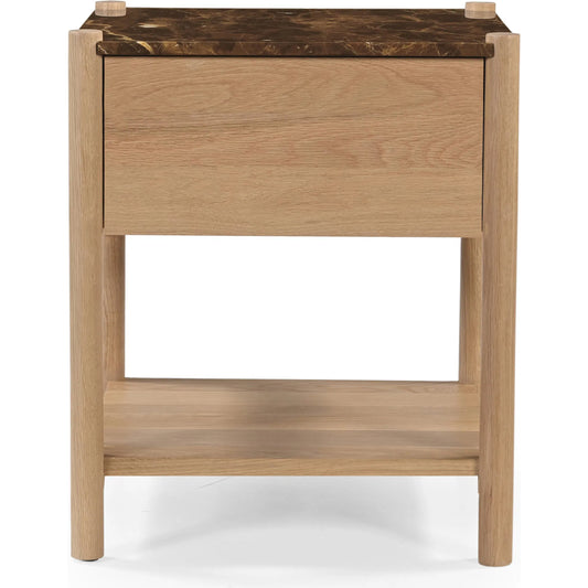 Elio Nightstand by Moe's Home Collection in dark emperador marble. Made from dark emperador marble, oak shelf, carcass body sides, drawer front, oak veneer over drawer bottom, drawer side, drawer back in a unique style.