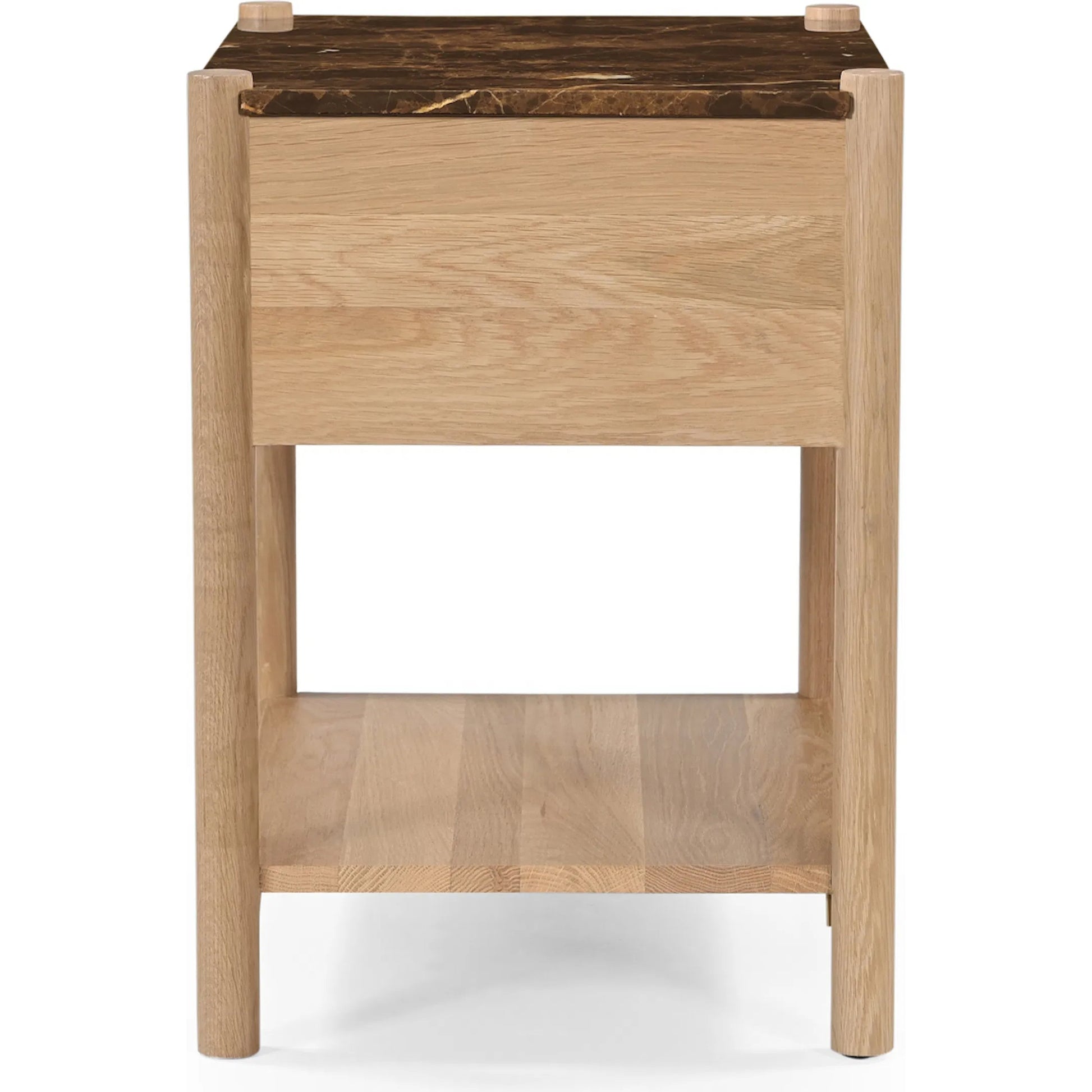 Elio Nightstand by Moe's Home Collection in dark emperador marble. Made from dark emperador marble, oak shelf, carcass body sides, drawer front, oak veneer over drawer bottom, drawer side, drawer back in a transitional st
