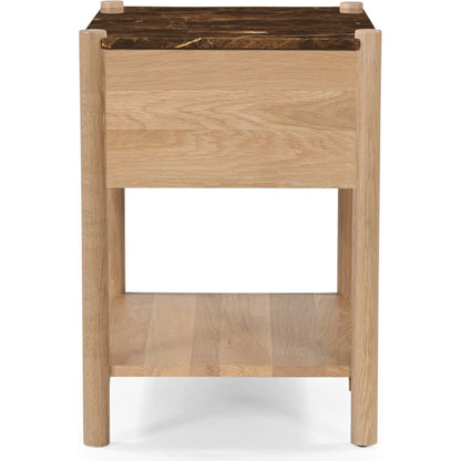 Elio Nightstand by Moe's Home Collection in dark emperador marble. Made from dark emperador marble, oak shelf, carcass body sides, drawer front, oak veneer over drawer bottom, drawer side, drawer back in a transitional st