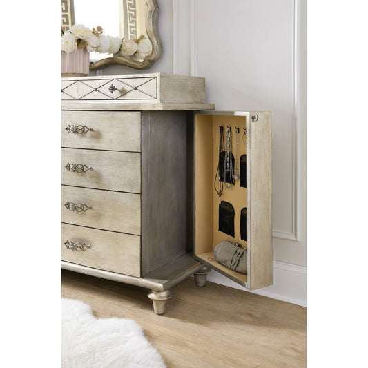 Diamont Dresser by Hooker Furniture in jewel. Made from oak veneers, cedar, felt, jewelry box in a modern style.