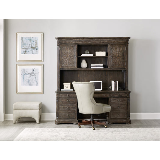 Traditions Computer Credenza Hutch by Hooker Furniture in dark wood. Made from pine, oak veneers with tempered glass in a traditional style.