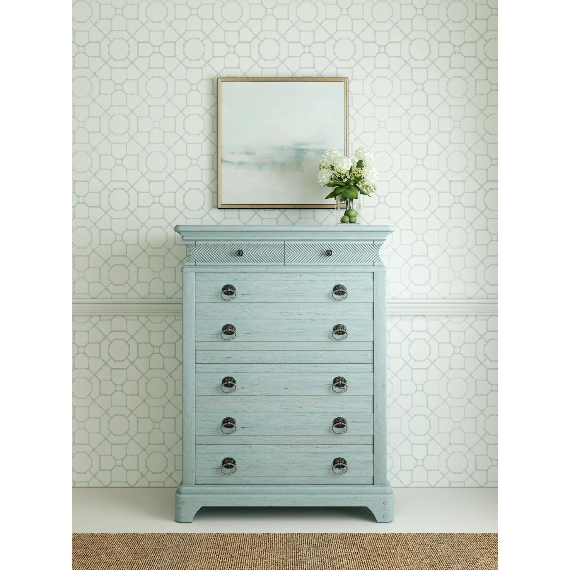 Summer Creek 8 Drawer Chest by A.R.T. Furniture in shutter blue. Made from flakey cathedral oak veneer, parawood solids in a cottage & farmhouse style.