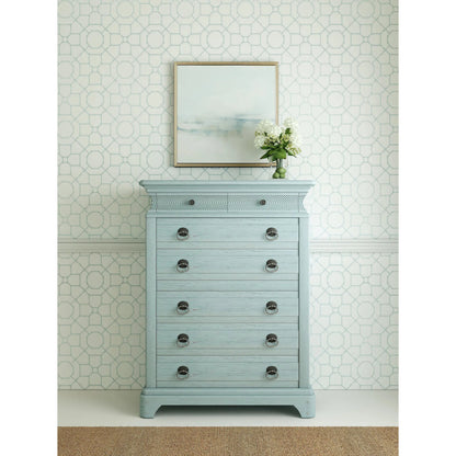 Summer Creek 8 Drawer Chest by A.R.T. Furniture in shutter blue. Made from flakey cathedral oak veneer, parawood solids in a cottage & farmhouse style.