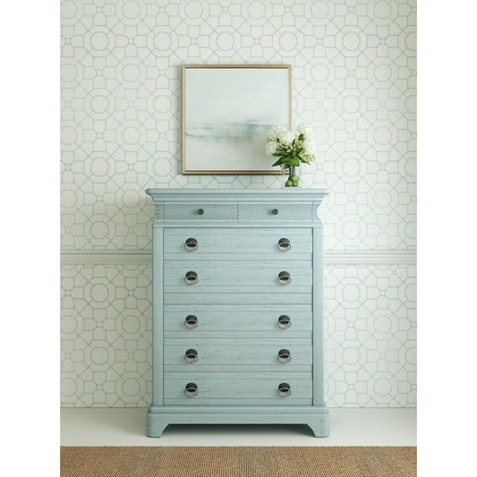 Summer Creek 8 Drawer Chest by A.R.T. Furniture in shutter blue. Made from flakey cathedral oak veneer, parawood solids in a unique style.