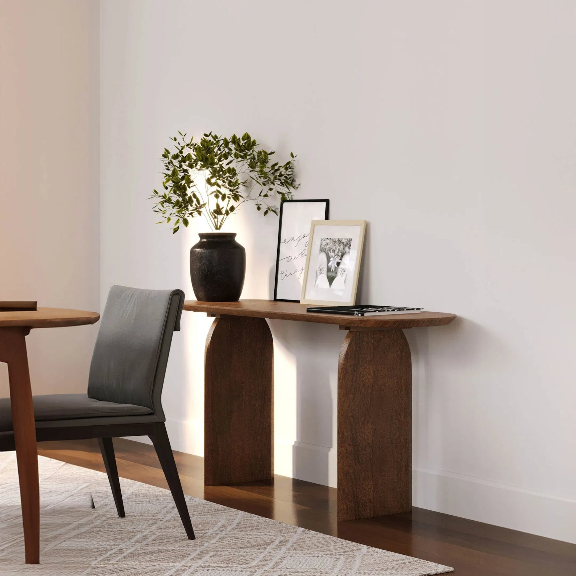 Domingo Console by LH Imports in brown and pecan. Made from solid acacia in a unique style.