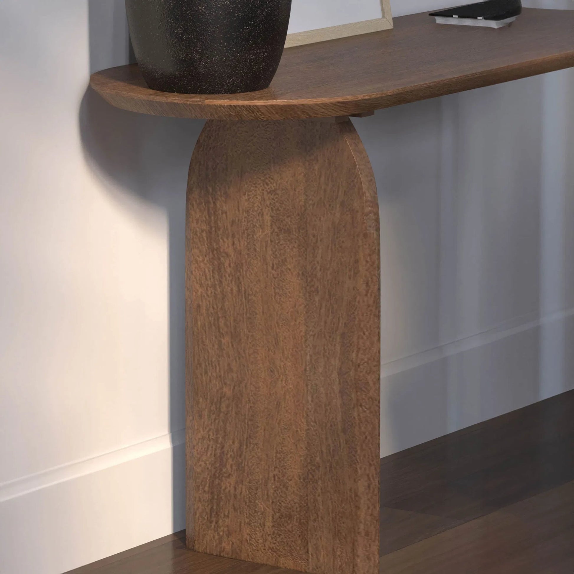 Domingo Console by LH Imports in brown and pecan. Made from solid acacia in a unique style.