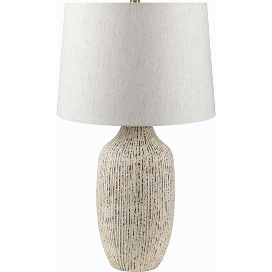 Judarn Table Lamp - 531750 by Livabliss in body: white, shade: beige, finial: metallic - brass, harp: metallic - brass, cord: translucent and coloredplated. Made from ceramic, linen, polyester, iron in a modern style.