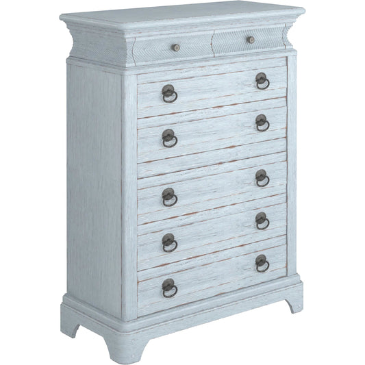 Summer Creek 8 Drawer Chest by A.R.T. Furniture in shutter blue. Made from flakey cathedral oak veneer, parawood solids in a unique style.