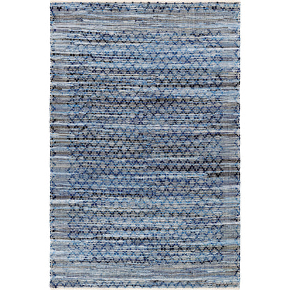 Jean Rug - 32476 by Livabliss in denim blue, slate gray, charcoal, sky blue, steel blue. Made from main: 100% recycled fabric in a unique style.