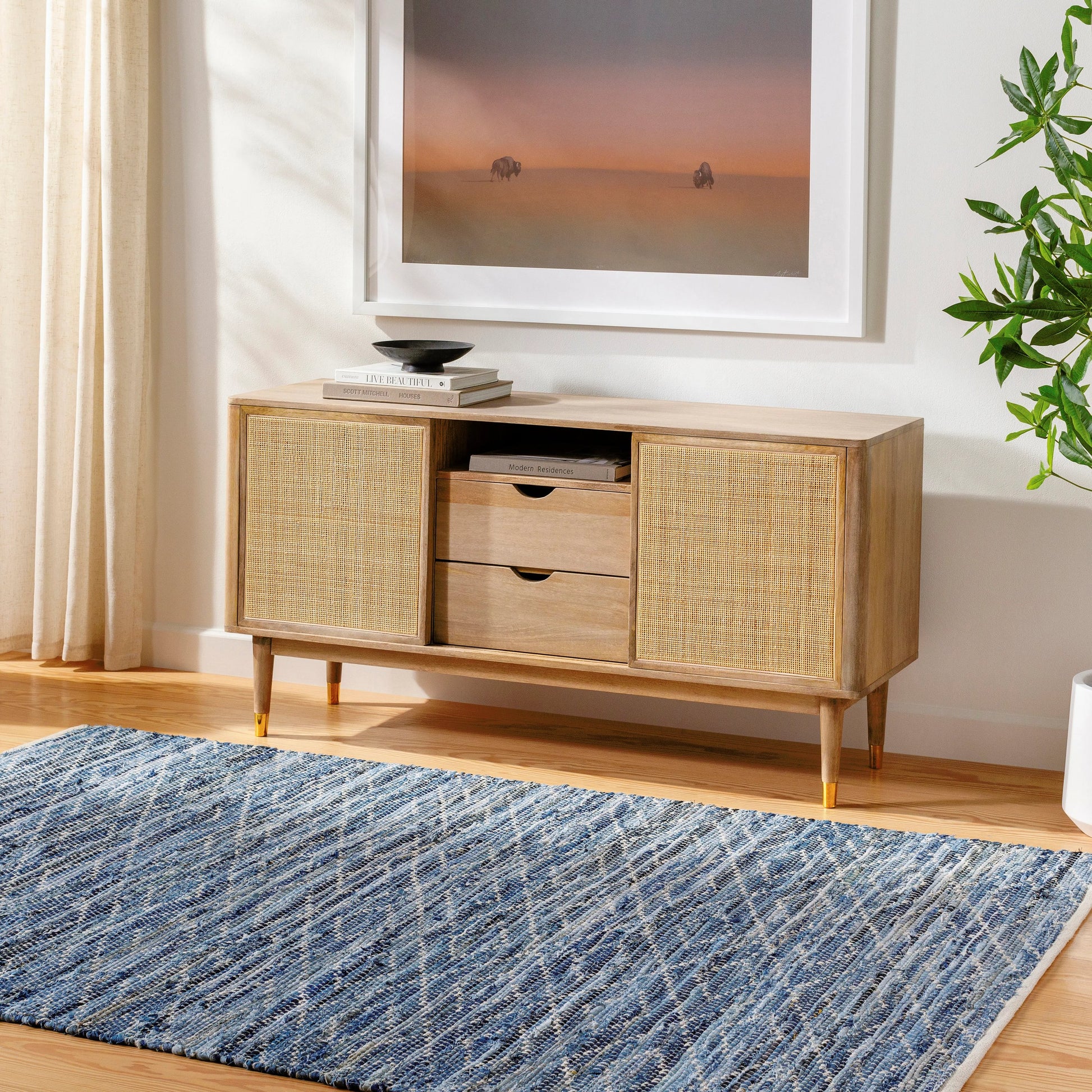 Jean JEA-2313 Rug by Livabliss in tan, beige, dark blue, blue, light blue. Made from main: 100% recycled fabric in a unique style.