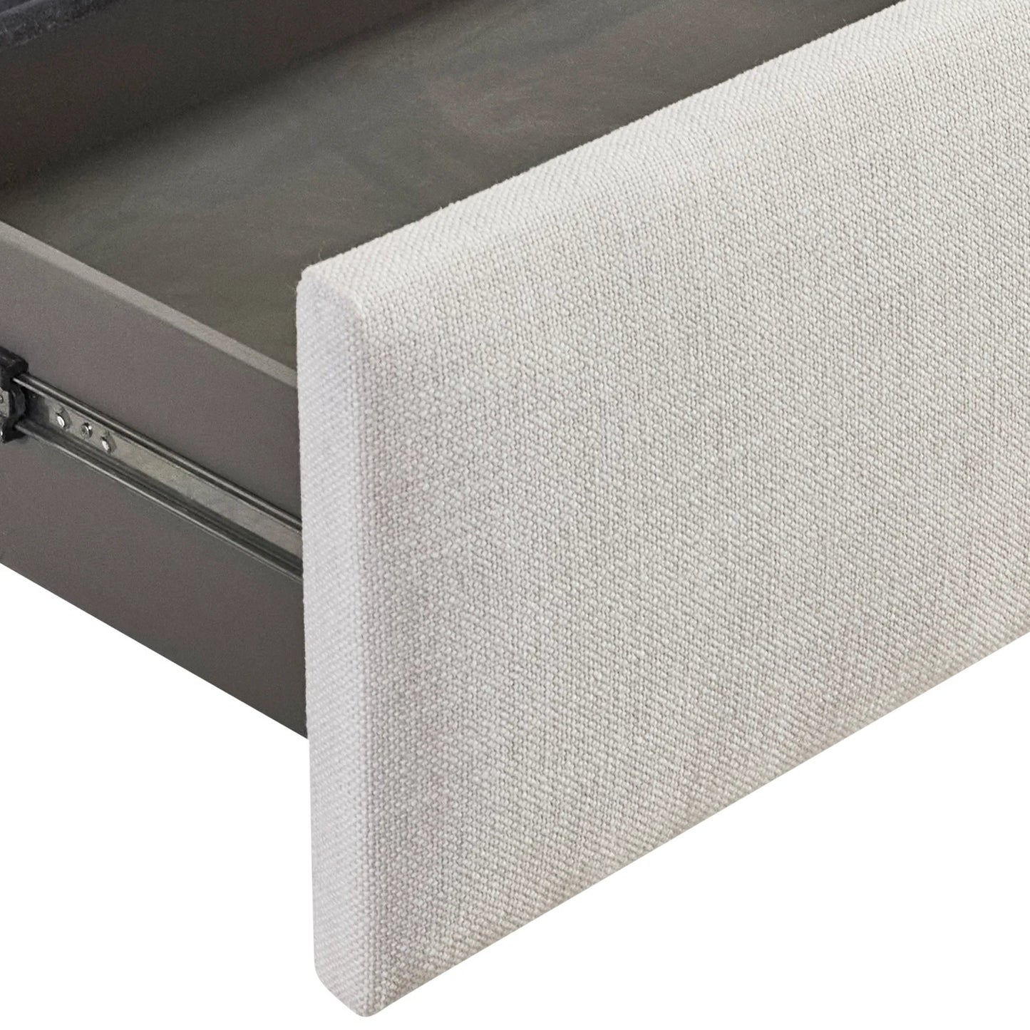 006 SI-2539284,SI-2539285 | Closeup | Loft Sawyer Storage Panel Bed by Bernhardt in beige, tan. Made from fabric, wood in a unique style.