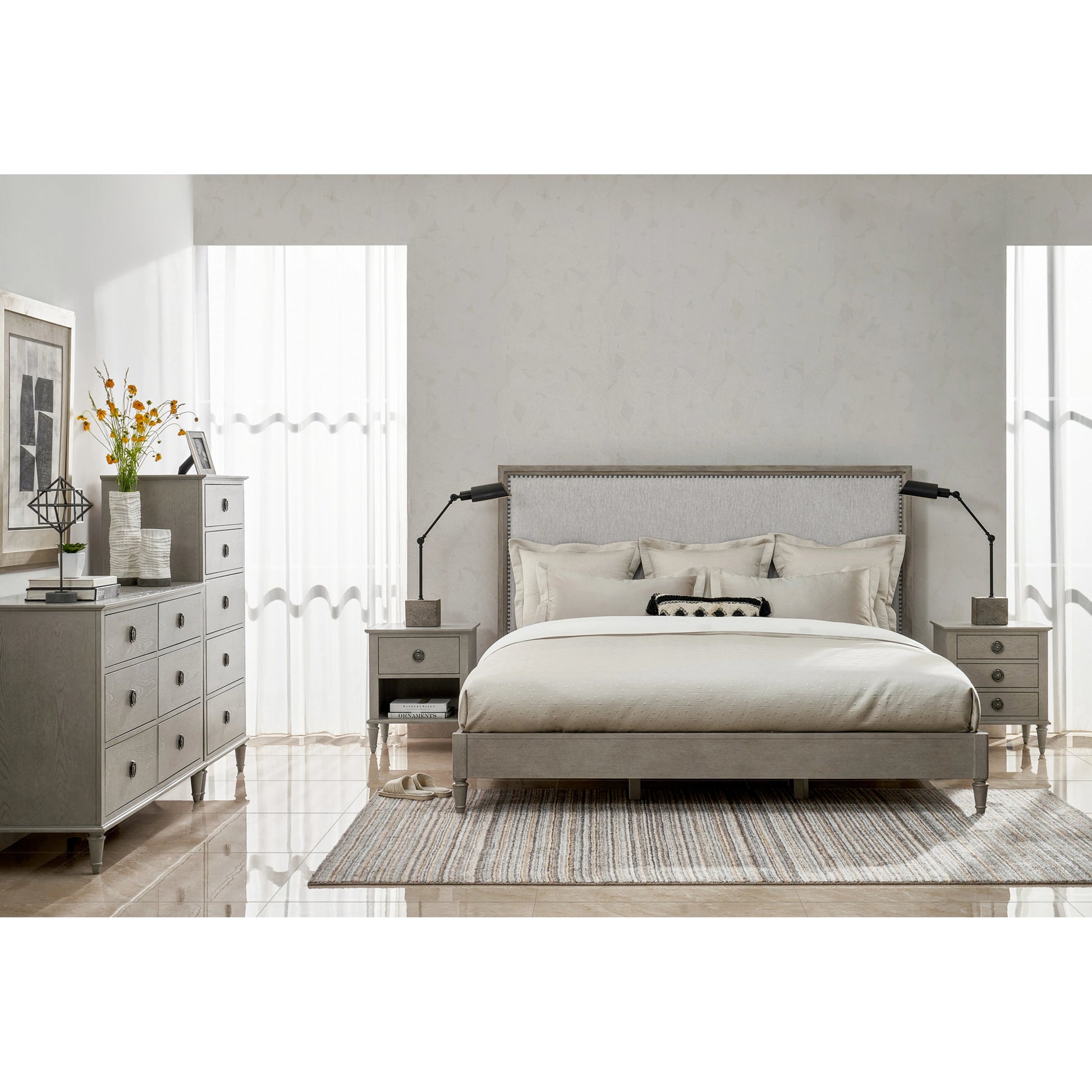 Zest Upholstered Bed with Nailhead Trim by Zest in greige. Made from rubberwood, oak veneer, fabric in a modern style.