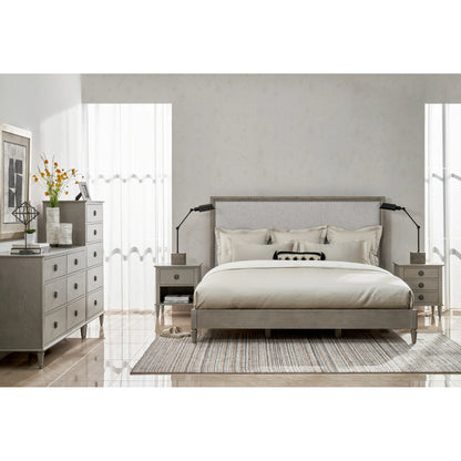 Zest Upholstered Bed with Nailhead Trim by Zest in greige. Made from rubberwood, oak veneer, fabric in a modern style.
