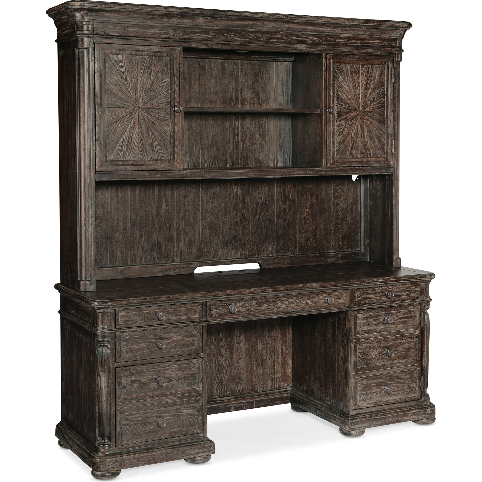 Traditions Computer Credenza Hutch by Hooker Furniture in dark wood. Made from pine, oak veneers with tempered glass in a traditional style.